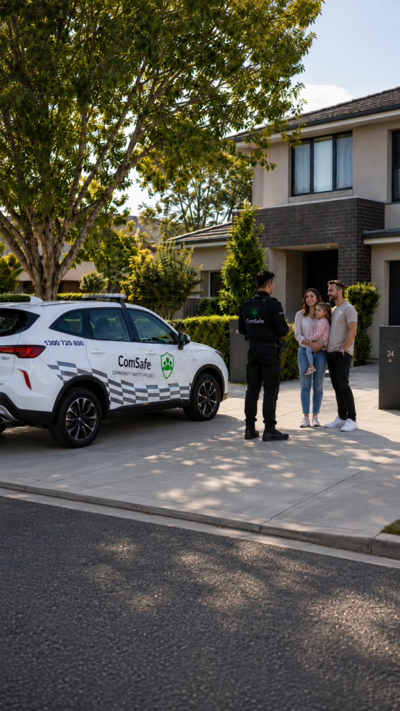 Family with their child speaks with a security officer outside a modern house, next to a white ComSafe patrol car in the driveway.