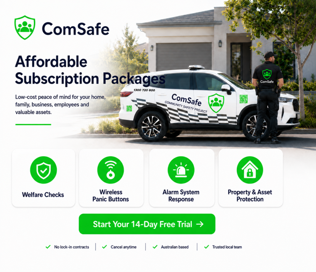 ComSafe hero: security car beside a home with 'Affordable Subscription Packages' offer and four service icons below the text area