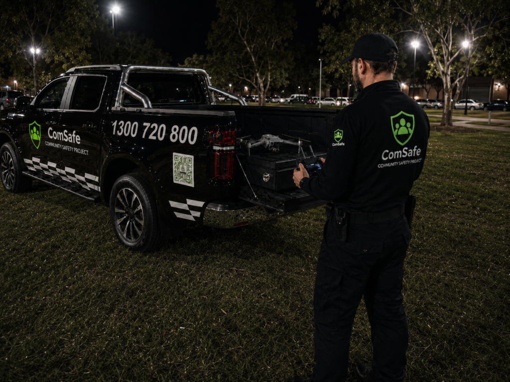 ComSafe crew member in black uniform operates a drone from the back of a black company pickup at night in a park, logo visible on jacket