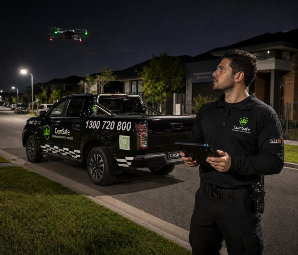 Nighttime street scene: a man in a black uniform holding a tablet stands beside a black ComSafe pickup truck as a drone flies overhead.