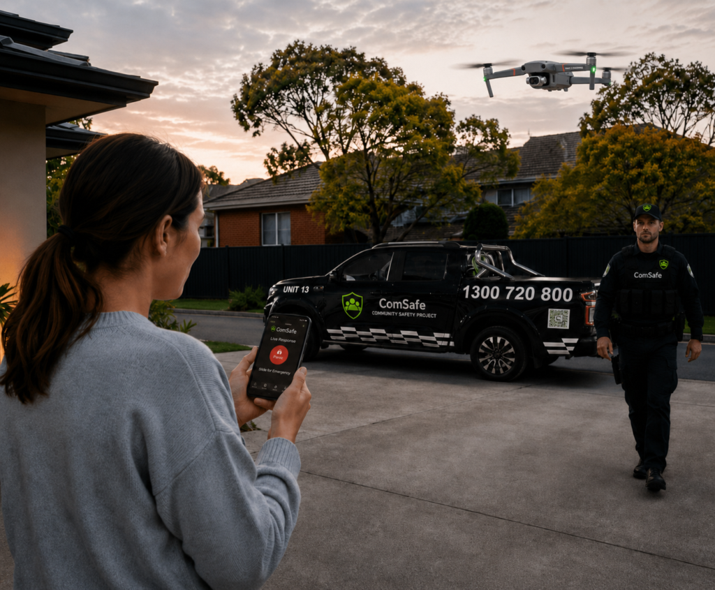 Woman in a gray sweater holds a smartphone while a drone flies above a ComSafe security truck and a security officer in a suburban driveway at sunset.