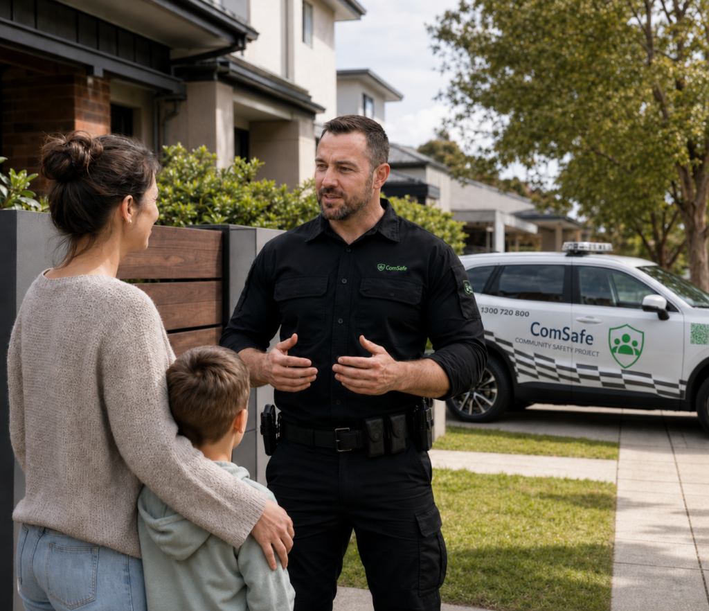 Security guard in black uniform speaks with a woman and a child outside a modern home, with a ComSafe vehicle parked on the street in the background.