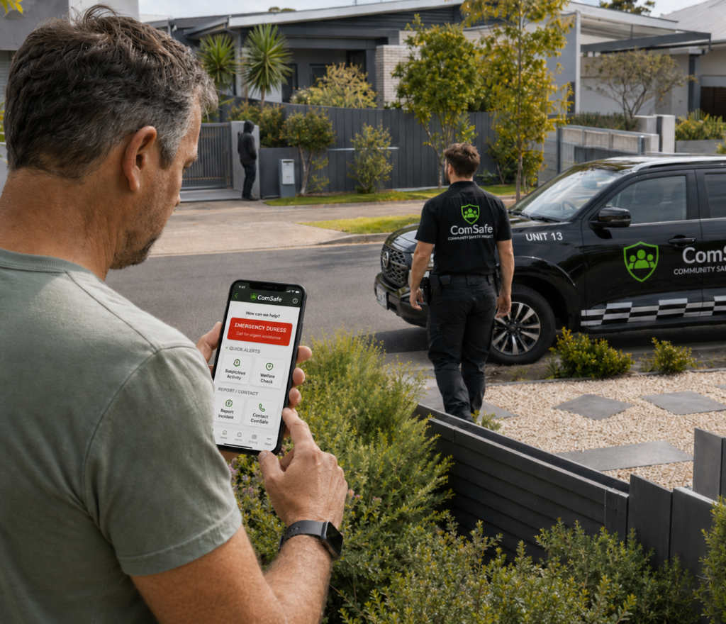 Man holding a smartphone displaying the ComSafe app while a security officer stands near a black ComSafe patrol vehicle on a residential street.