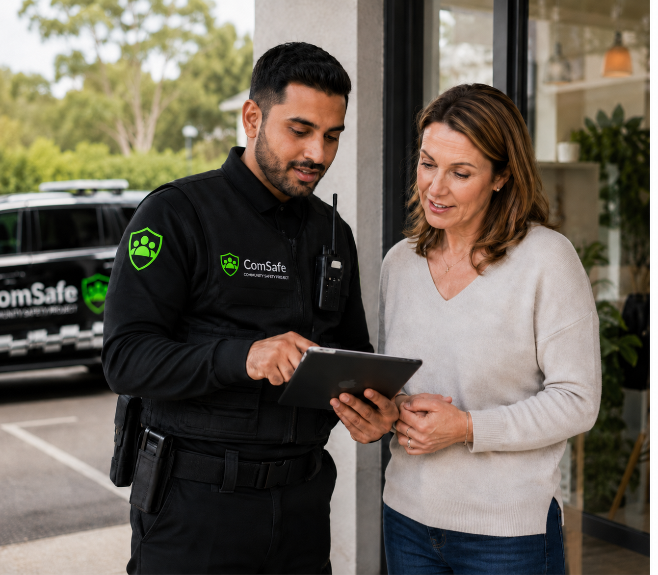 Security officer in a black ComSafe uniform shows a tablet to a woman outside a storefront on a sunny day.