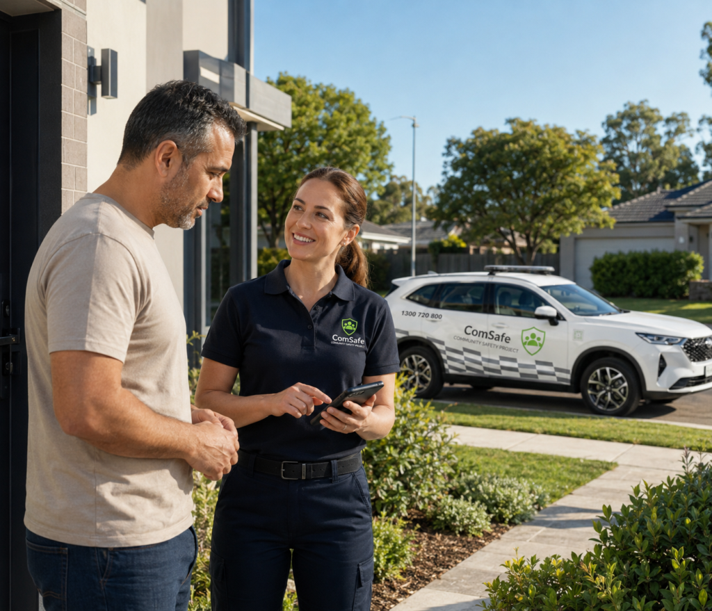 Home safety visit: a technician in a navy polo explains something to a man outside his house, with a ComSafe van in the driveway behind them.