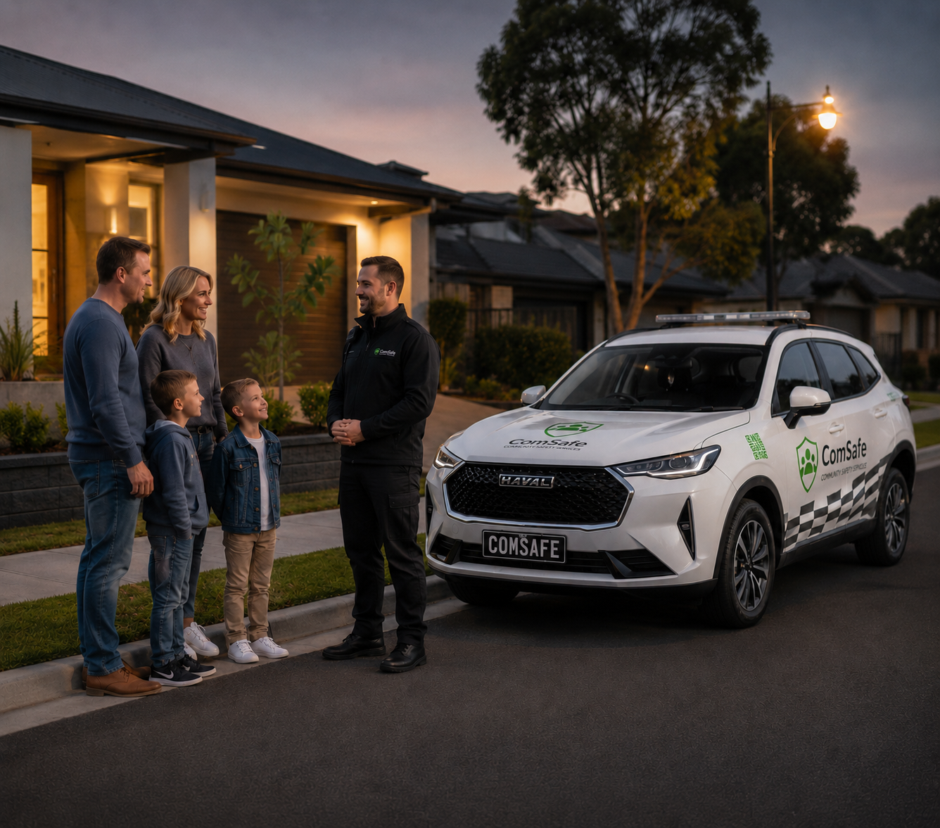 ComSafe service van on a suburban street as a technician speaks with a family of four outside their home at dusk.