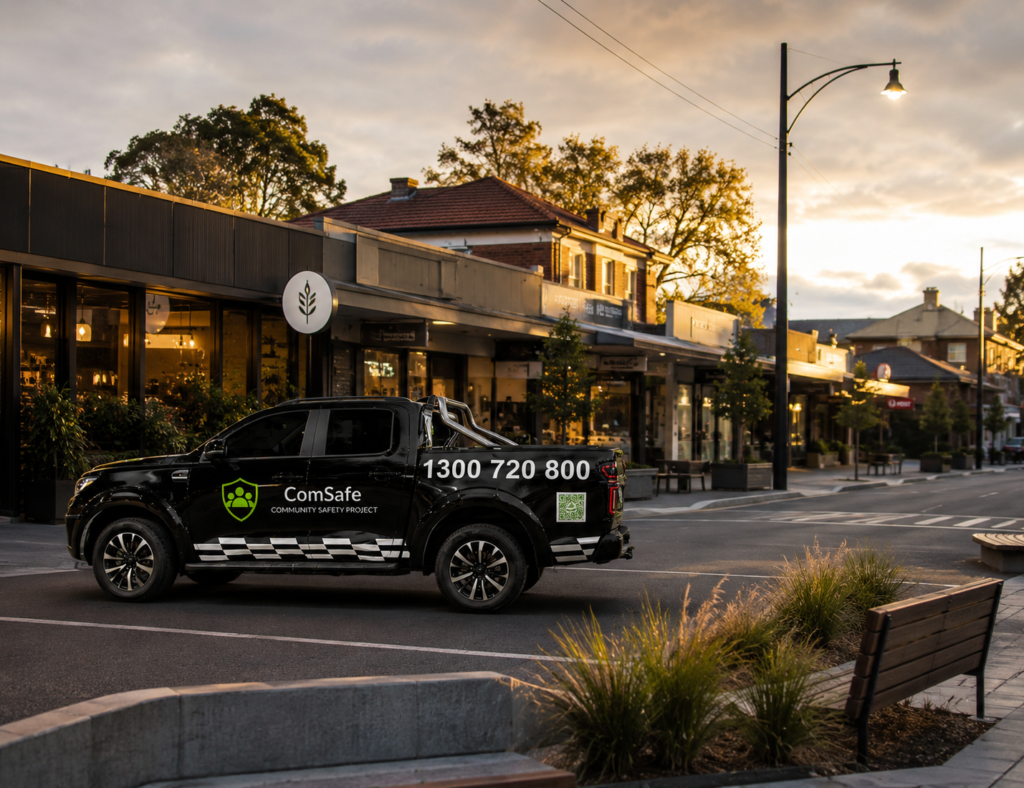 Black ComSafe pickup truck parked on a sunny street in a shopping district, logo and contact number visible on the side.
