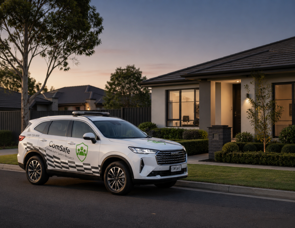 White ComSafe SUV with roof lights parked on a suburban street at dusk in front of a modern house.