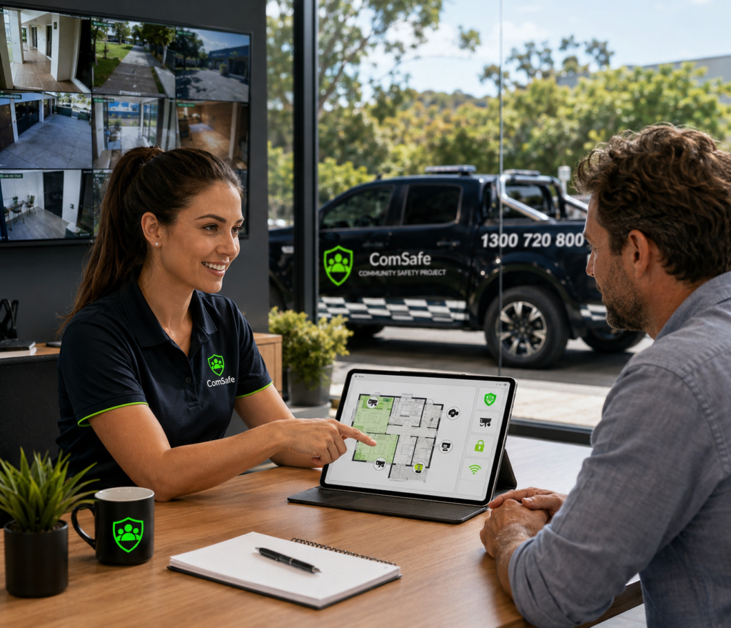 Woman in a black ComSafe polo explains a floorplan on a tablet to a man during a safety consultation in a showroom.