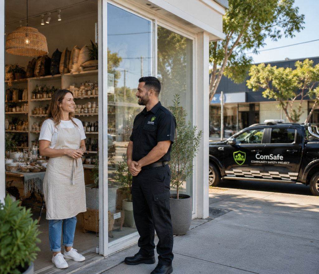 Shopkeeper in an apron chats with a uniformed officer outside a storefront, with a ComSafe vehicle in the background.