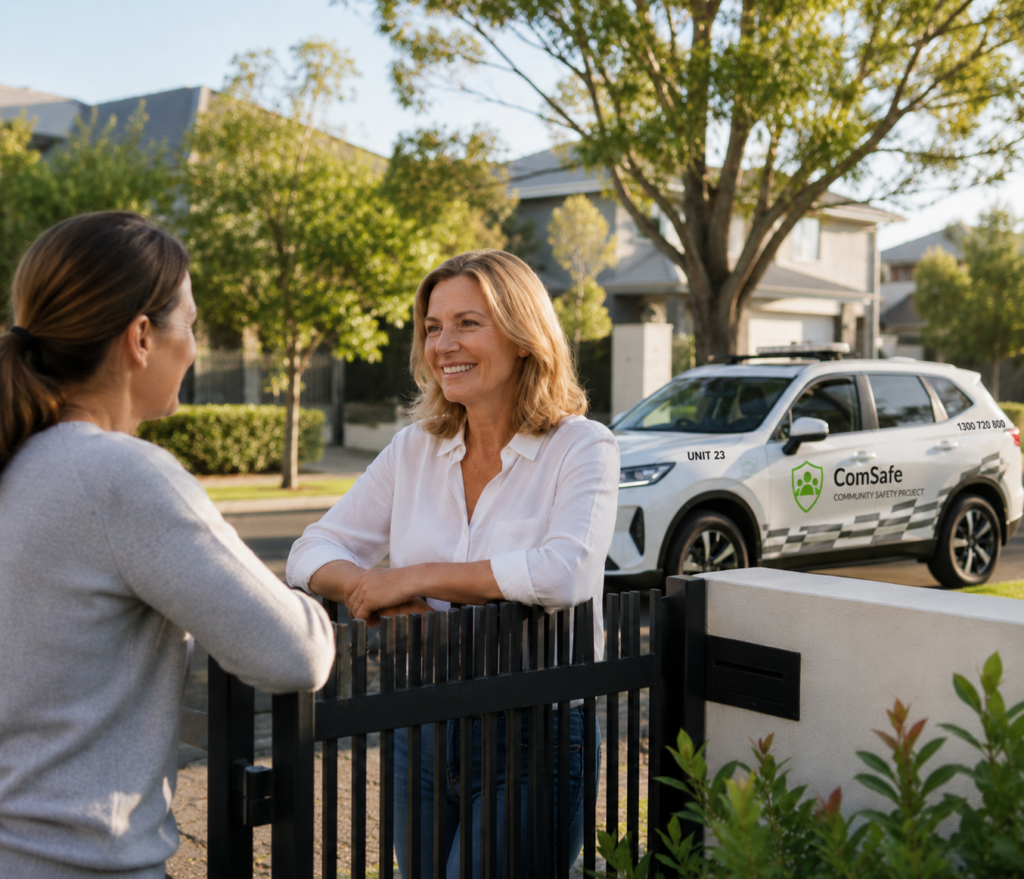 Two women chat by a black front gate, with a white ComSafe vehicle parked in a suburban street background.