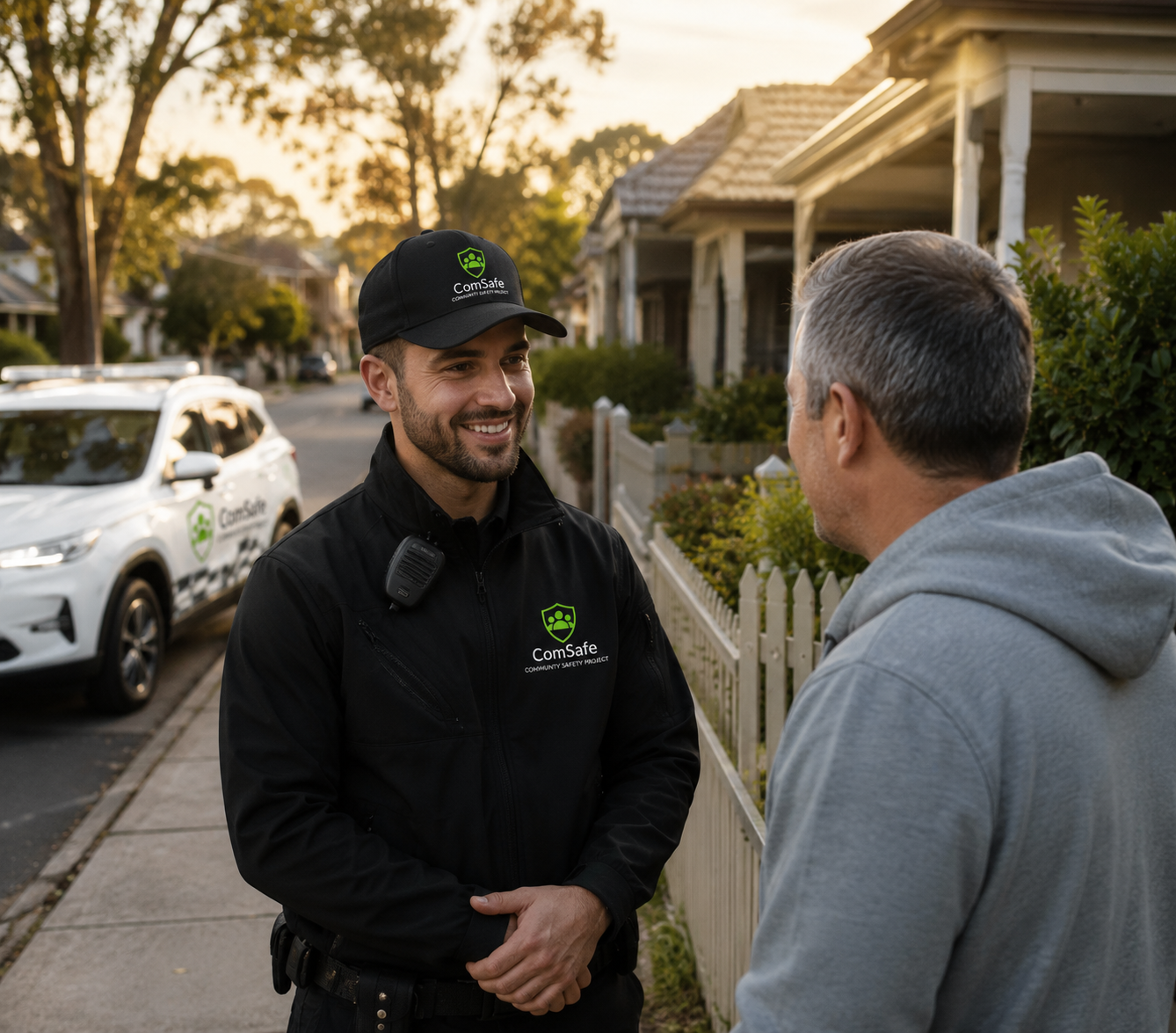 Security officer in a black uniform with a ComSafe logo chats with a resident on a suburban sidewalk at dusk, smiling.